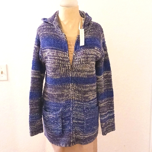 NWT Lovestitch BLUE & GRAY Striped Hoodie Zip Cardigan LONG w Pockets